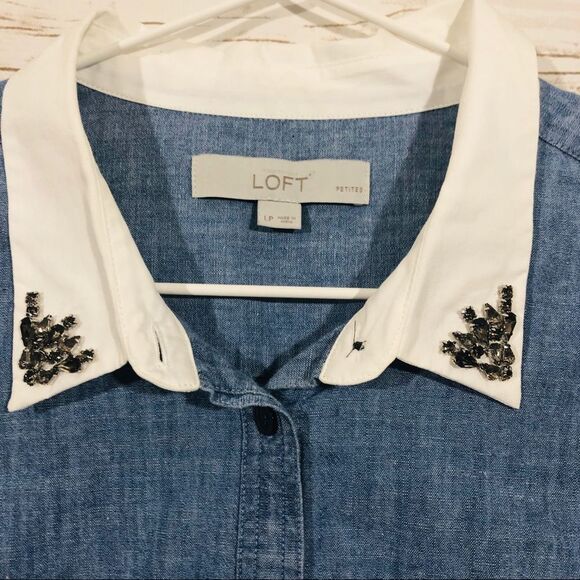 Loft women’s petite L long sleeve denim blouse top - Picture 4 of 6